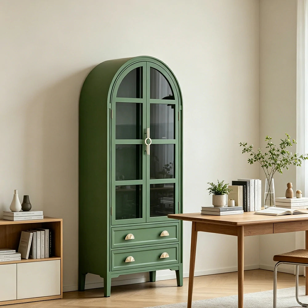 LUXORA Solid Wood Arched Bookcase with Glass Display Doors American Style Storage Cabinet 175cm - Green