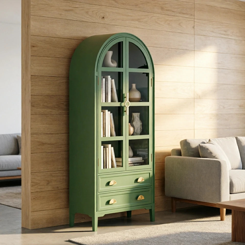 LUXORA Solid Wood Arched Bookcase with Glass Display Doors American Style Storage Cabinet 175cm - Green