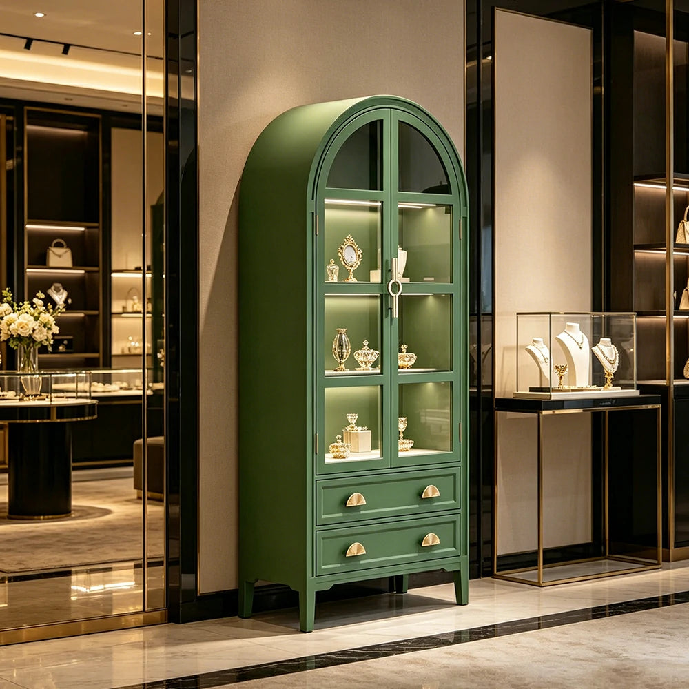 LUXORA Solid Wood Arched Bookcase with Glass Display Doors American Style Storage Cabinet 175cm - Green