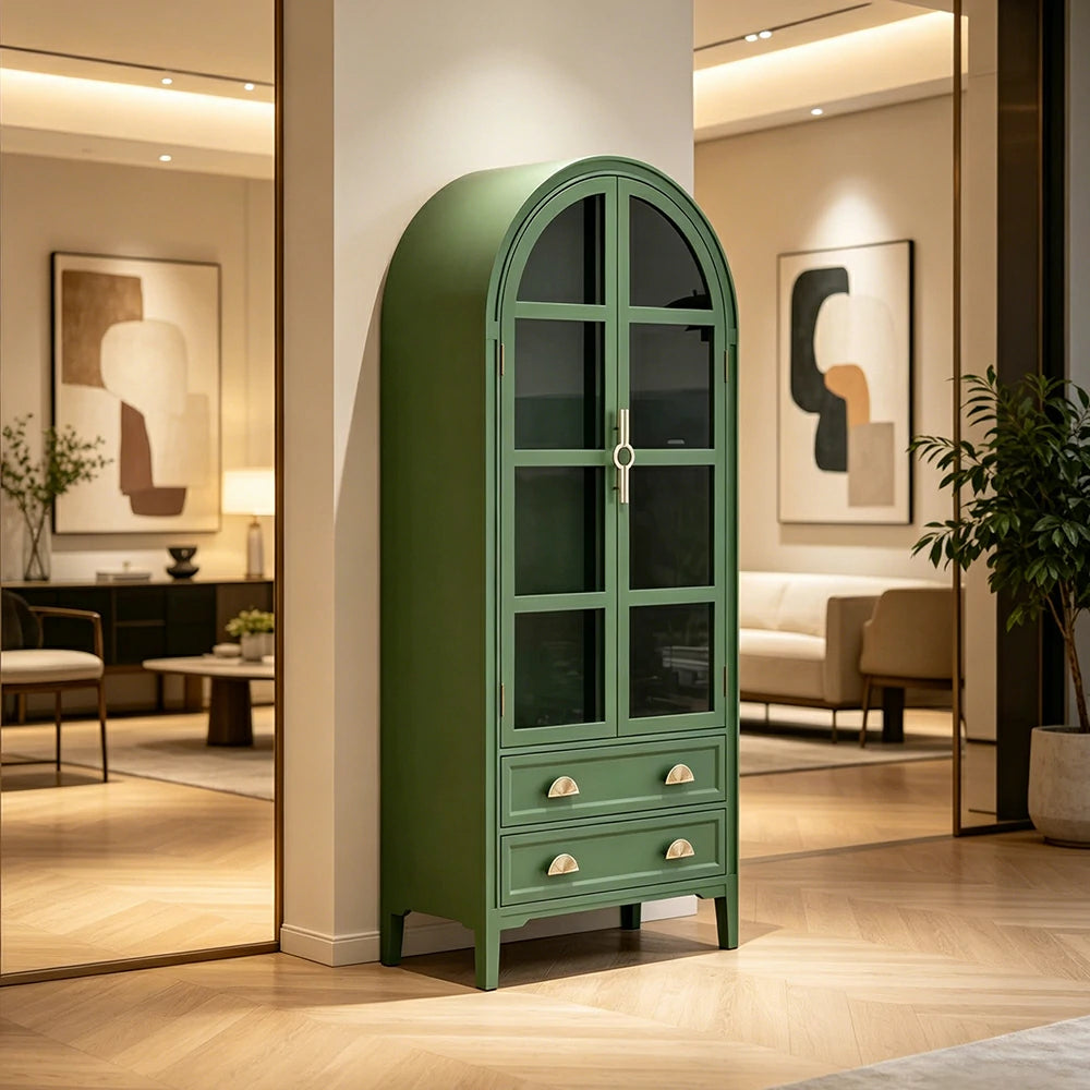 LUXORA Solid Wood Arched Bookcase with Glass Display Doors American Style Storage Cabinet 175cm - Green