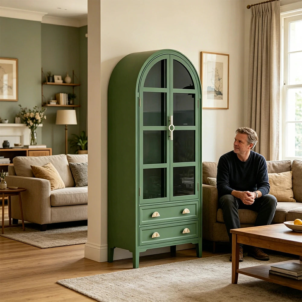 LUXORA Solid Wood Arched Bookcase with Glass Display Doors American Style Storage Cabinet 175cm - Green