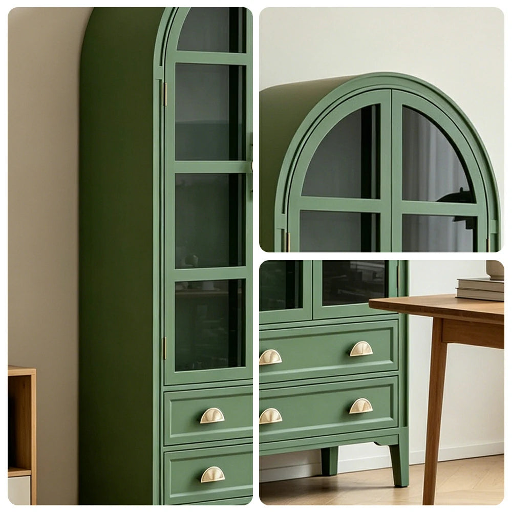 LUXORA Solid Wood Arched Bookcase with Glass Display Doors American Style Storage Cabinet 175cm - Green