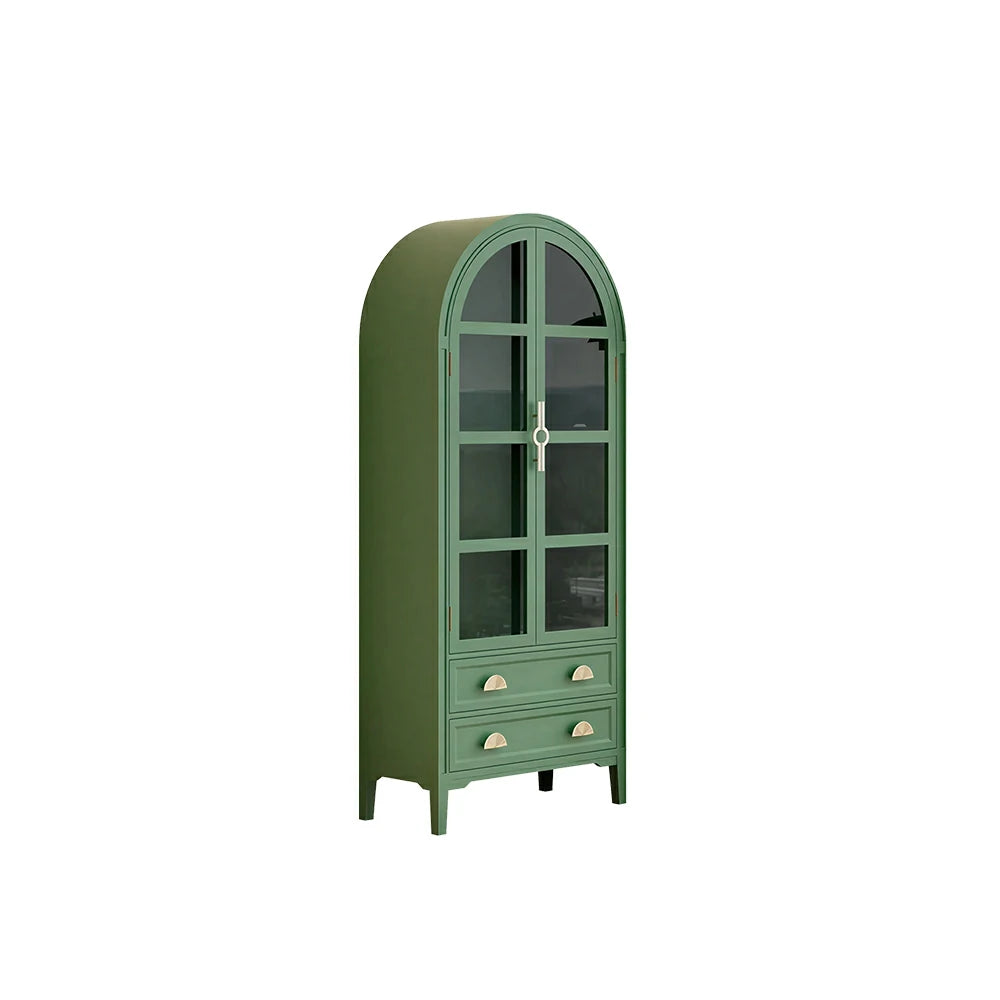 LUXORA Solid Wood Arched Bookcase with Glass Display Doors American Style Storage Cabinet 175cm - Green