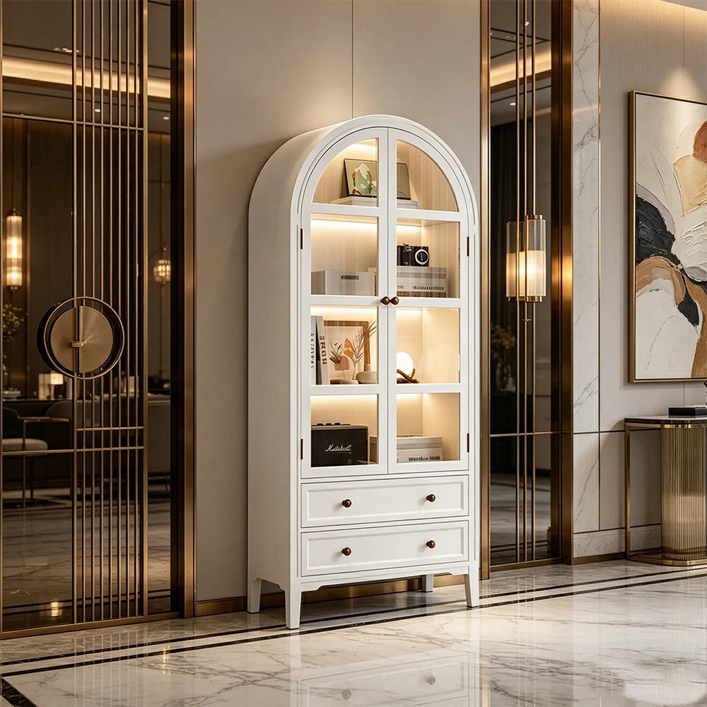 LUXORA Solid Wood Arched Bookcase with Glass Display Doors American Style Storage Cabinet 175cm - White
