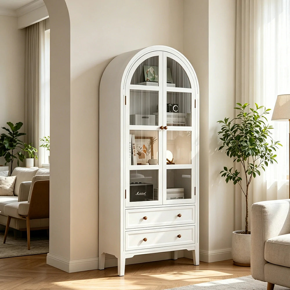LUXORA Solid Wood Arched Bookcase with Glass Display Doors American Style Storage Cabinet 175cm - White