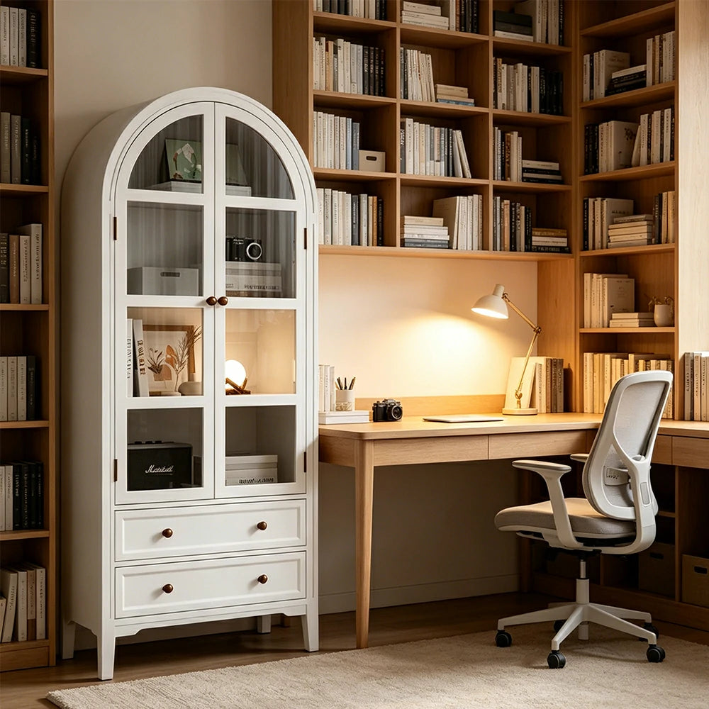 LUXORA Solid Wood Arched Bookcase with Glass Display Doors American Style Storage Cabinet 175cm - White