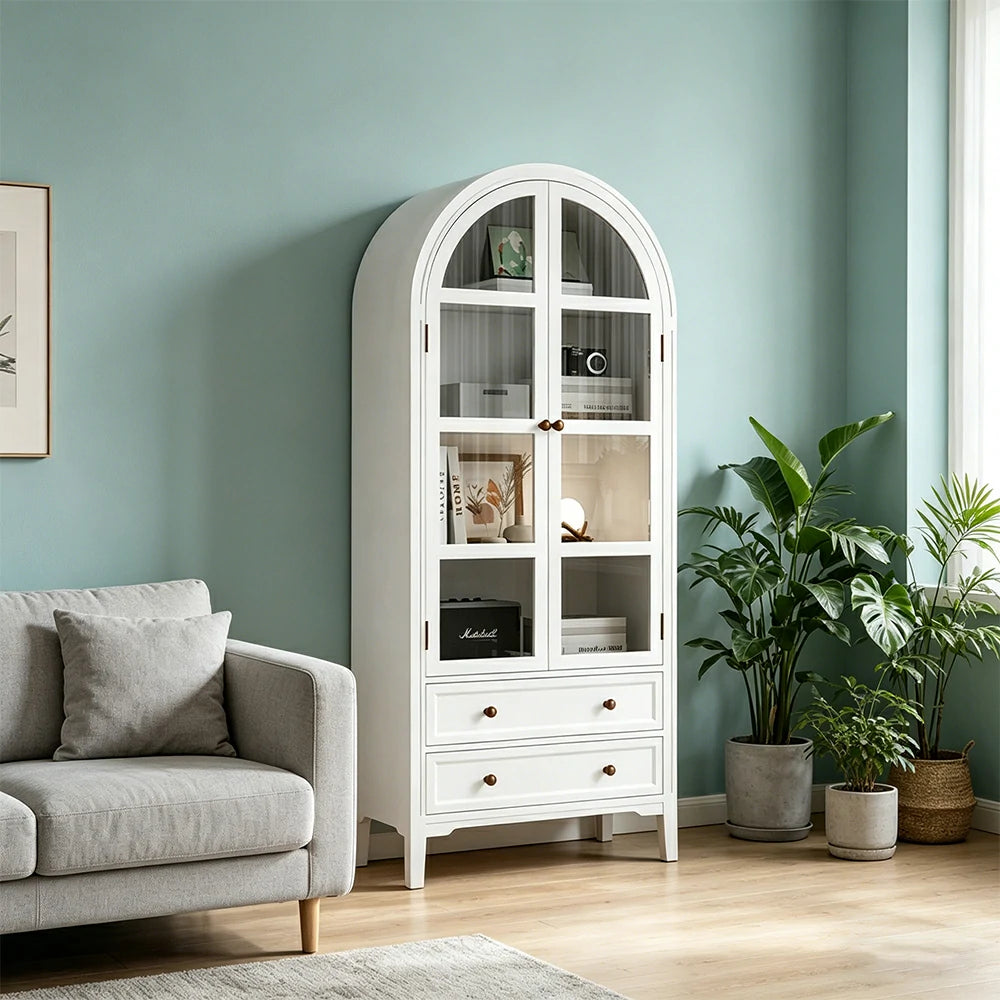 LUXORA Solid Wood Arched Bookcase with Glass Display Doors American Style Storage Cabinet 175cm - White