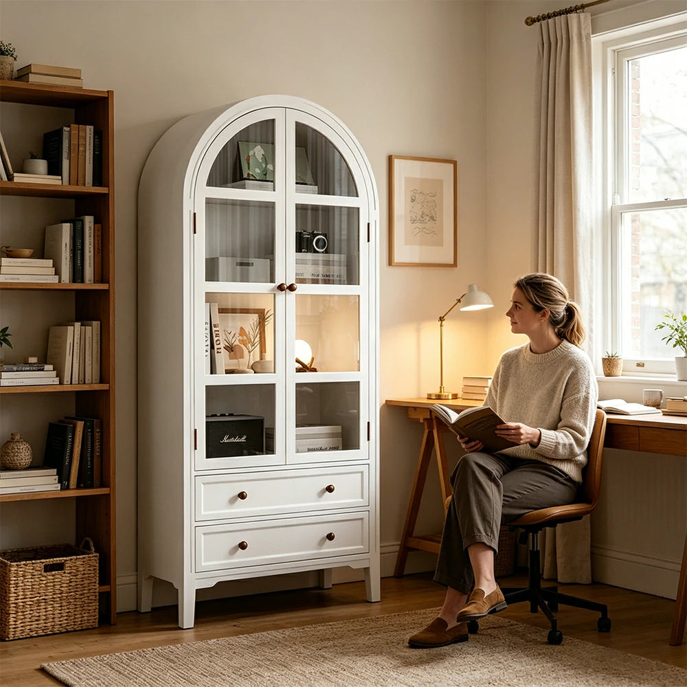 LUXORA Solid Wood Arched Bookcase with Glass Display Doors American Style Storage Cabinet 175cm - White