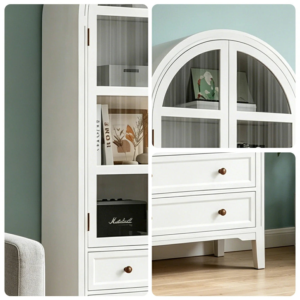 LUXORA Solid Wood Arched Bookcase with Glass Display Doors American Style Storage Cabinet 175cm - White