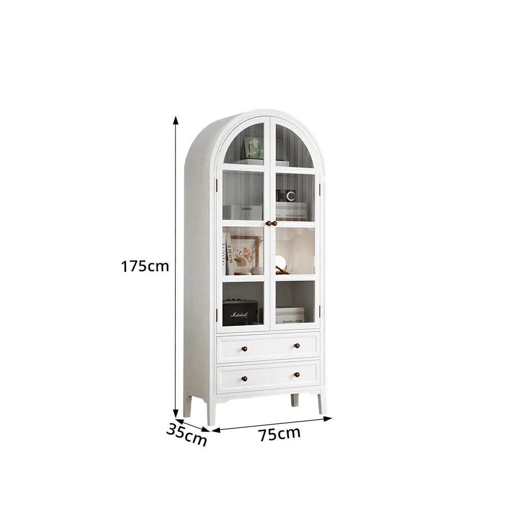 LUXORA Solid Wood Arched Bookcase with Glass Display Doors American Style Storage Cabinet 175cm - White