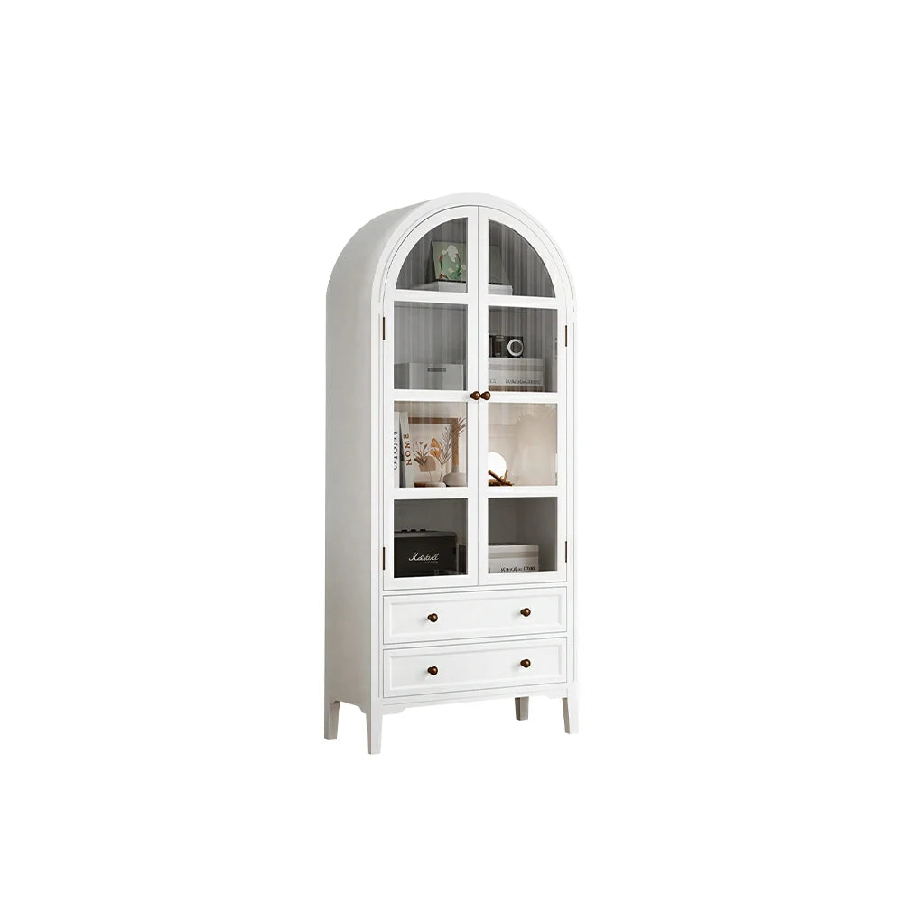 LUXORA Solid Wood Arched Bookcase with Glass Display Doors American Style Storage Cabinet 175cm - White