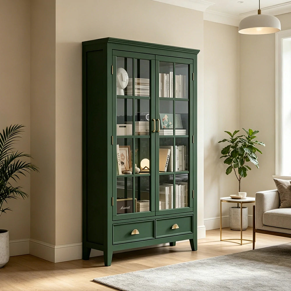 LUXORA Solid Wood 2 Door Display Cabinet with Glass Storage American Style Bookcase 100cm - Dark Green