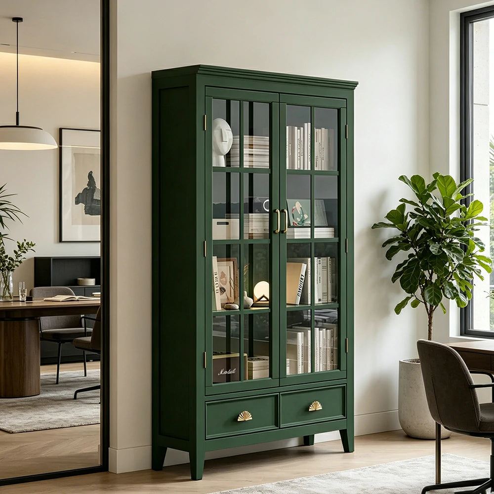 LUXORA Solid Wood 2 Door Display Cabinet with Glass Storage American Style Bookcase 100cm - Dark Green