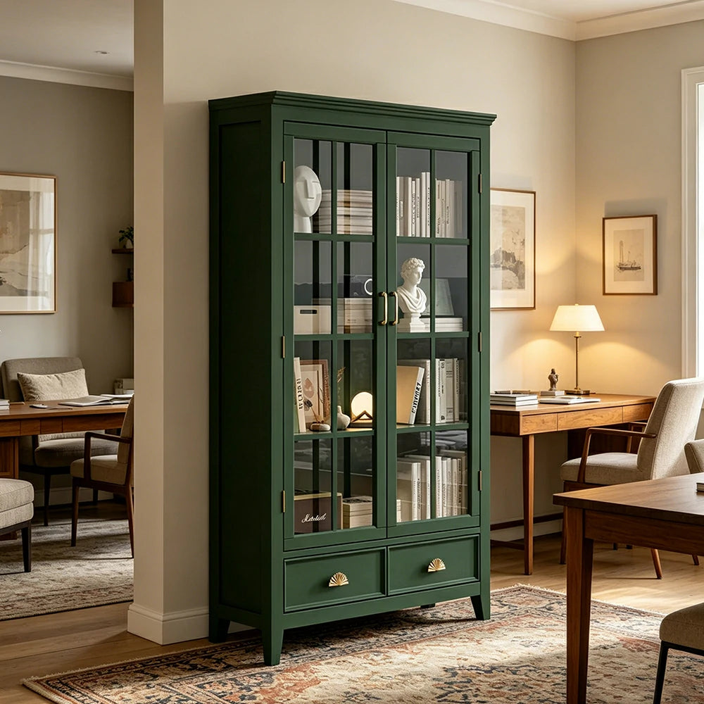 LUXORA Solid Wood 2 Door Display Cabinet with Glass Storage American Style Bookcase 100cm - Dark Green