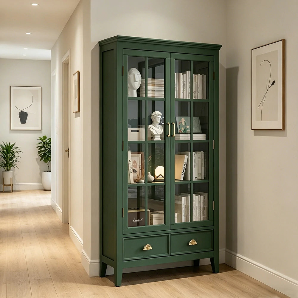 LUXORA Solid Wood 2 Door Display Cabinet with Glass Storage American Style Bookcase 100cm - Dark Green