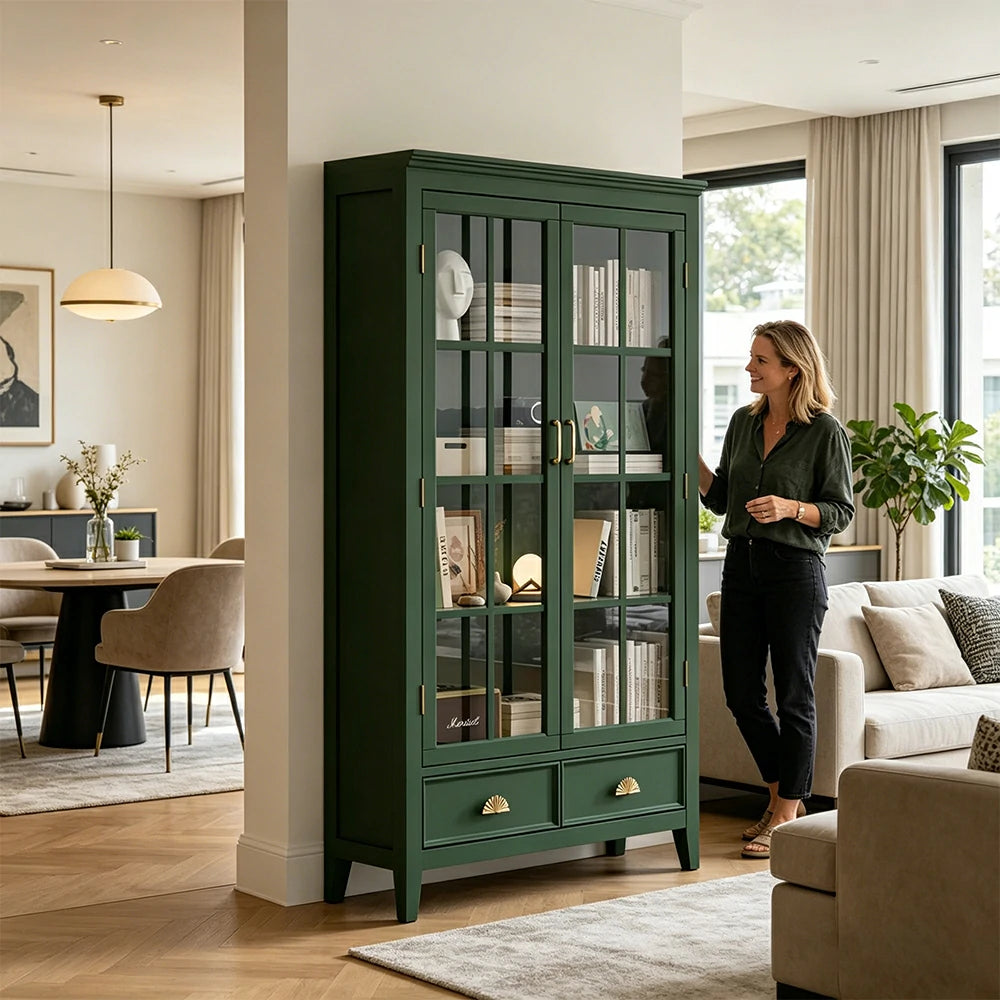 LUXORA Solid Wood 2 Door Display Cabinet with Glass Storage American Style Bookcase 100cm - Dark Green