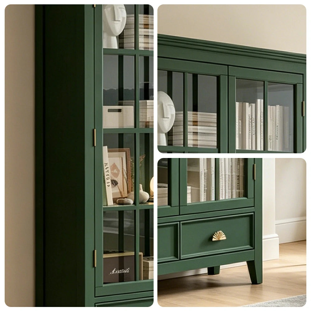 LUXORA Solid Wood 2 Door Display Cabinet with Glass Storage American Style Bookcase 100cm - Dark Green