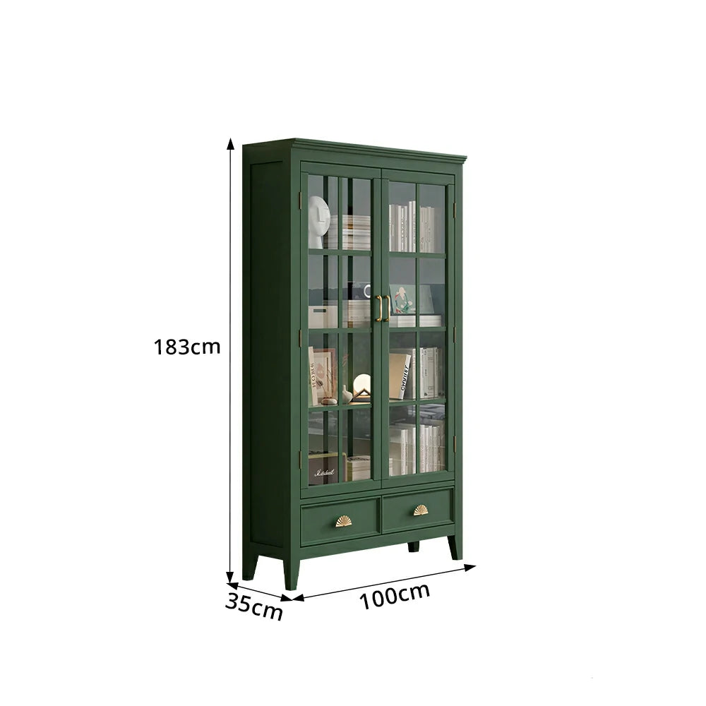 LUXORA Solid Wood 2 Door Display Cabinet with Glass Storage American Style Bookcase 100cm - Dark Green