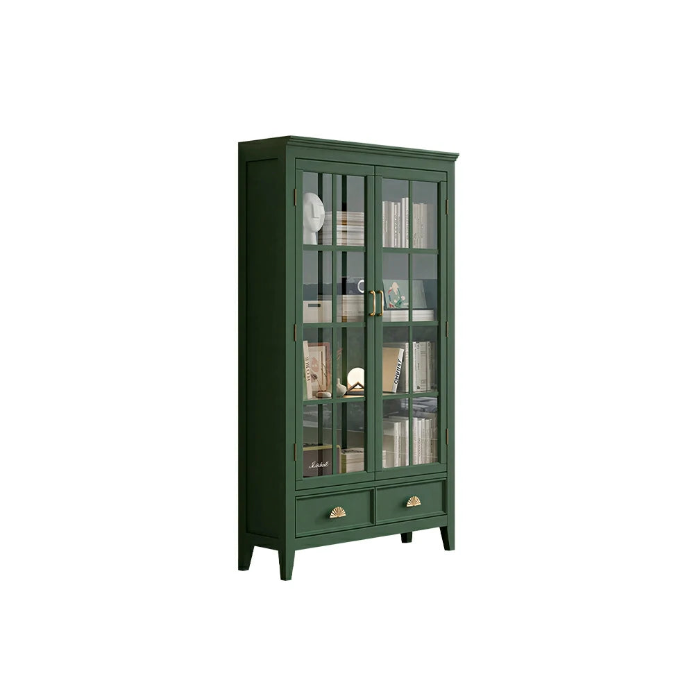 LUXORA Solid Wood 2 Door Display Cabinet with Glass Storage American Style Bookcase 100cm - Dark Green