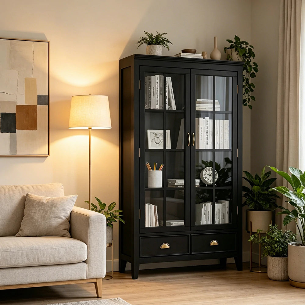 LUXORA Solid Wood 2 Door Display Cabinet with Glass Storage American Style Bookcase 100cm - Black