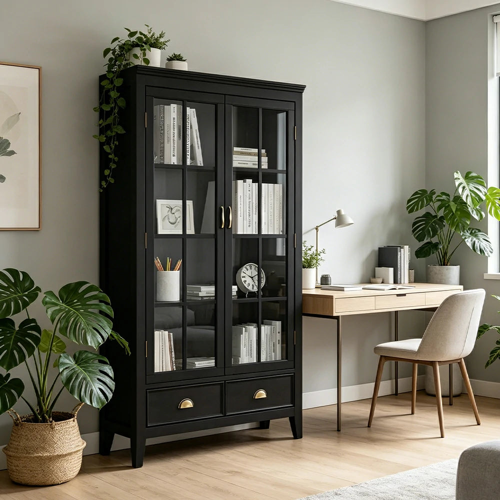 LUXORA Solid Wood 2 Door Display Cabinet with Glass Storage American Style Bookcase 100cm - Black