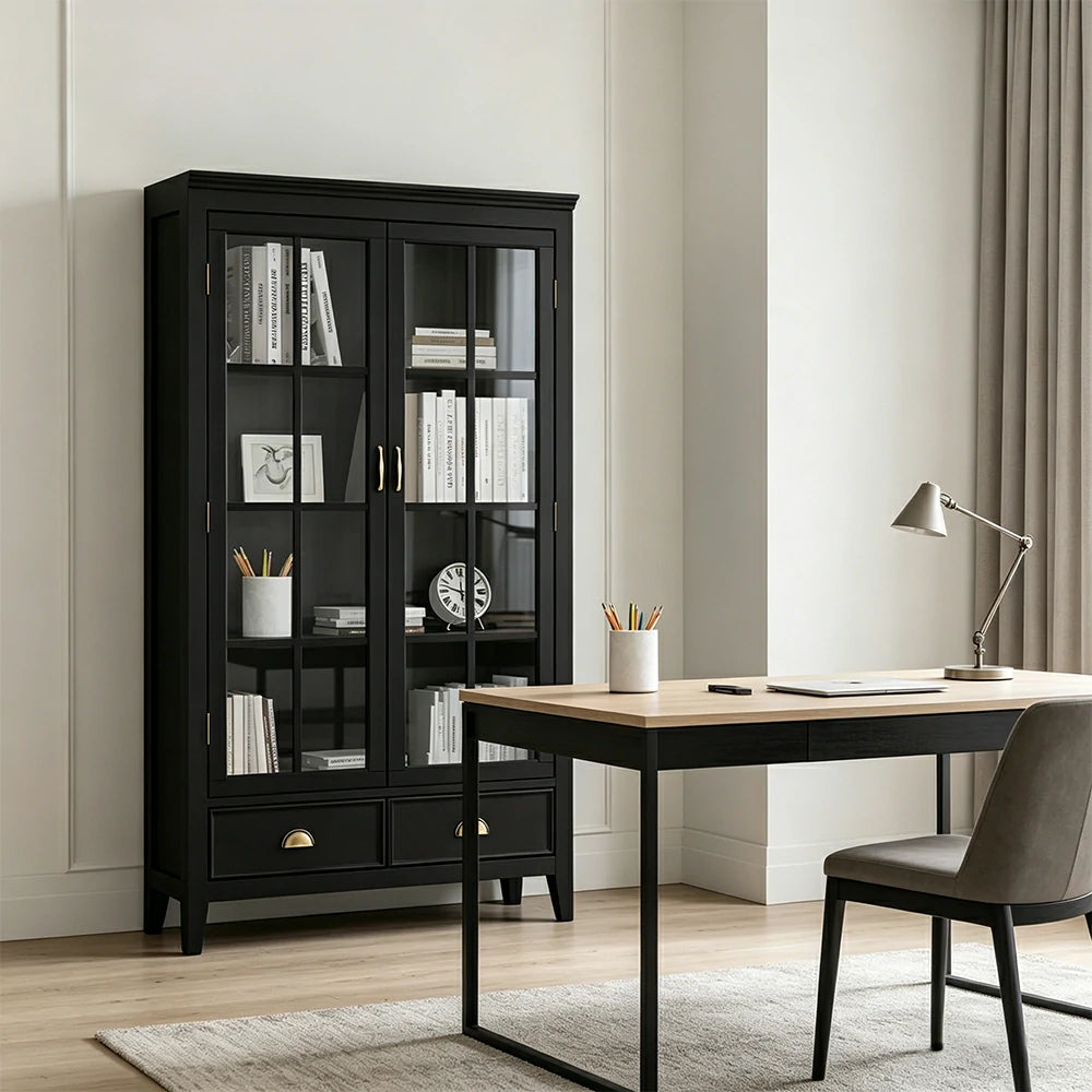 LUXORA Solid Wood 2 Door Display Cabinet with Glass Storage American Style Bookcase 100cm - Black