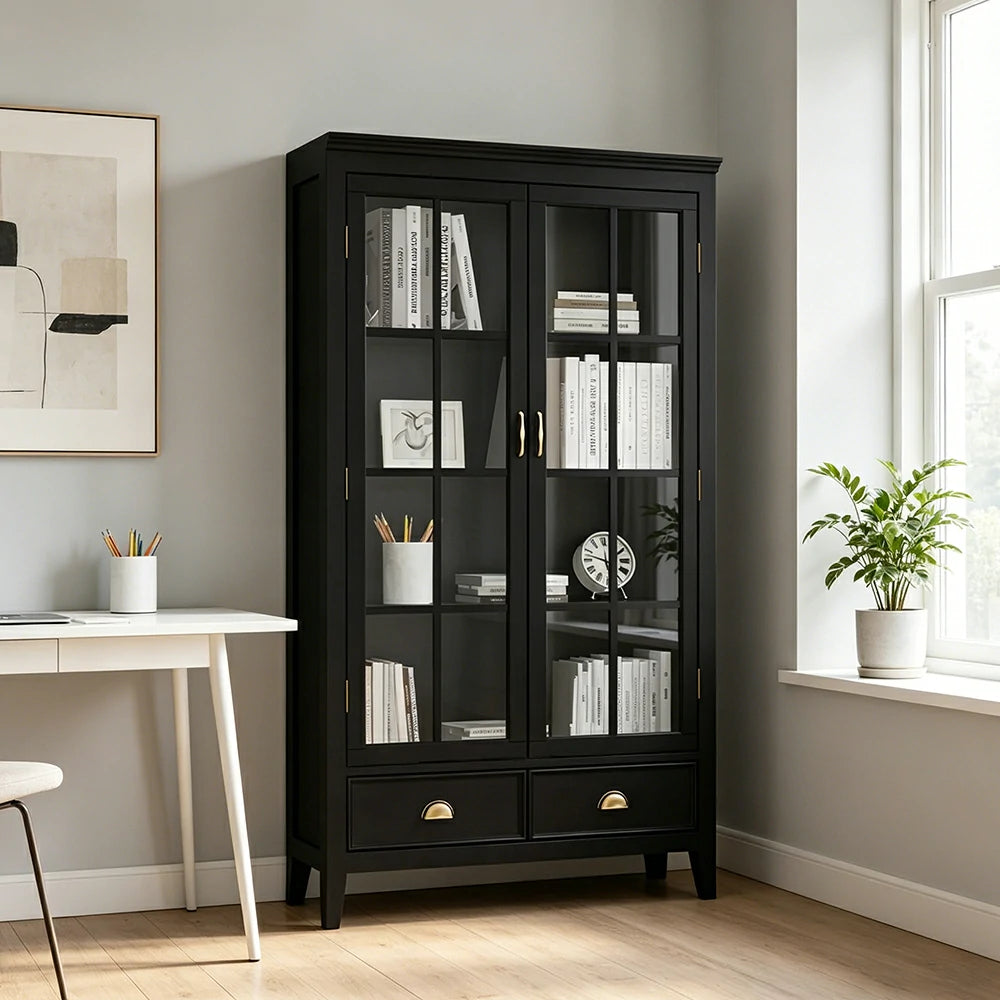 LUXORA Solid Wood 2 Door Display Cabinet with Glass Storage American Style Bookcase 100cm - Black
