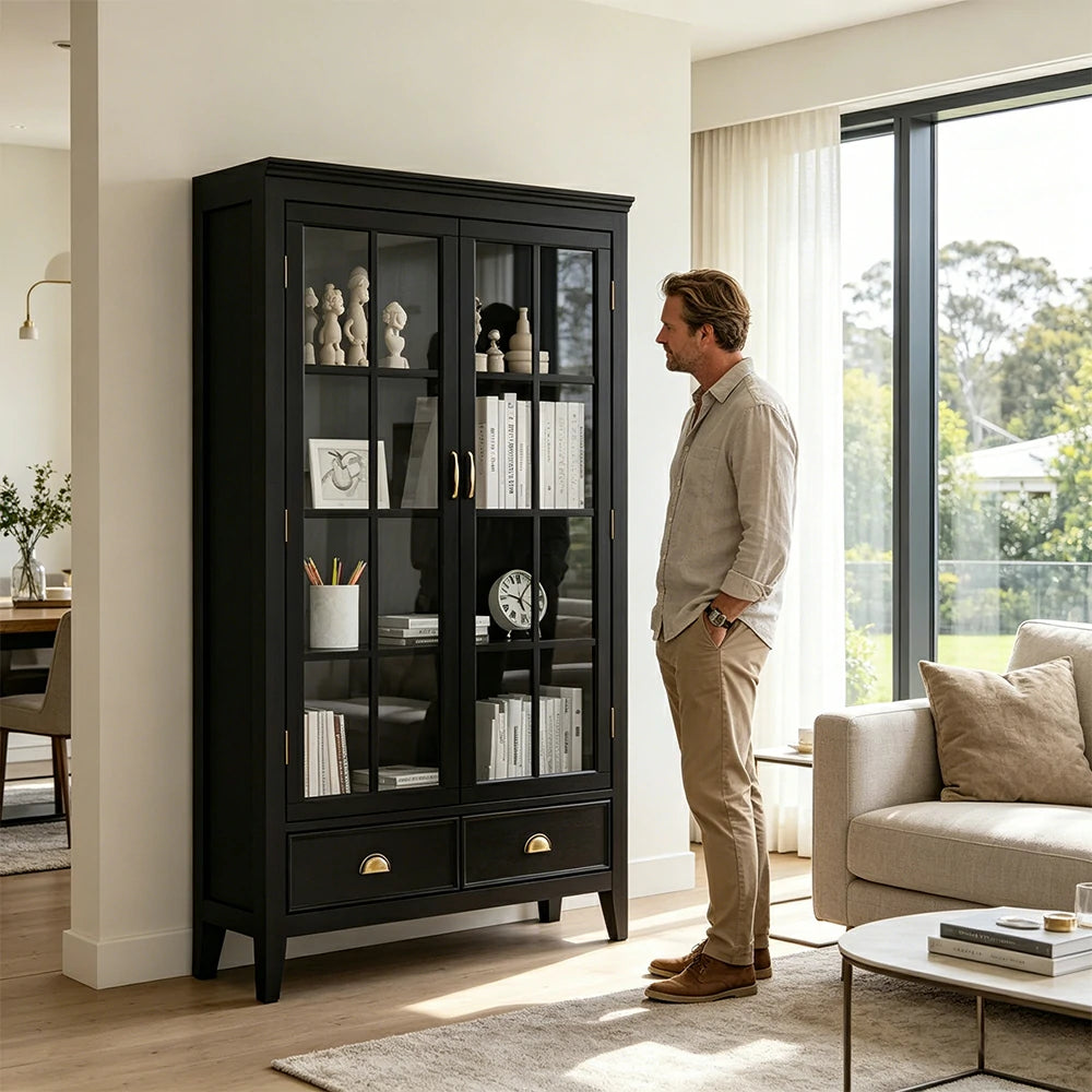 LUXORA Solid Wood 2 Door Display Cabinet with Glass Storage American Style Bookcase 100cm - Black