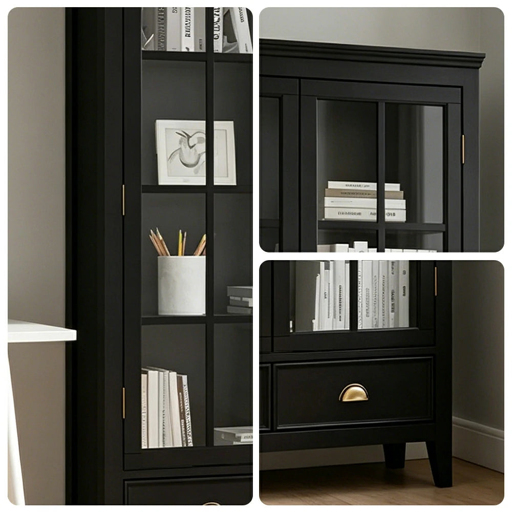 LUXORA Solid Wood 2 Door Display Cabinet with Glass Storage American Style Bookcase 100cm - Black