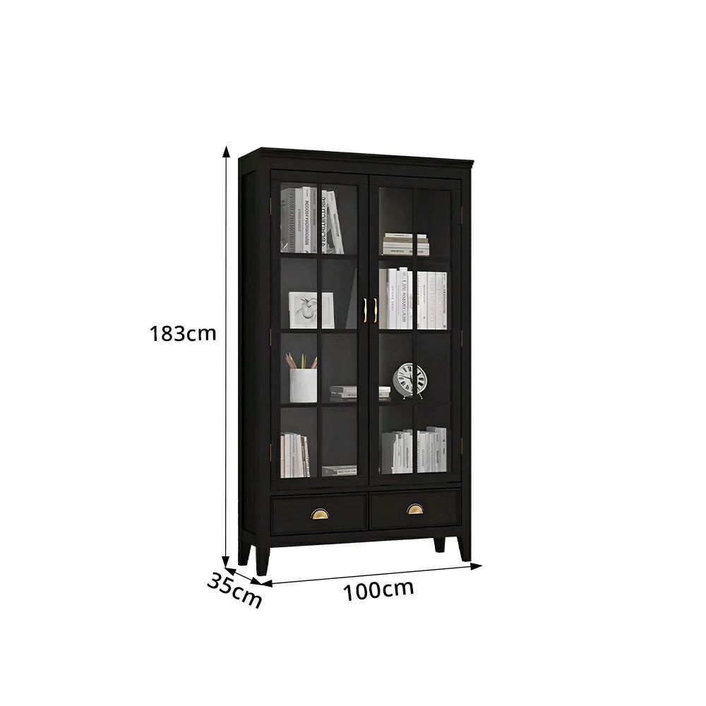 LUXORA Solid Wood 2 Door Display Cabinet with Glass Storage American Style Bookcase 100cm - Black