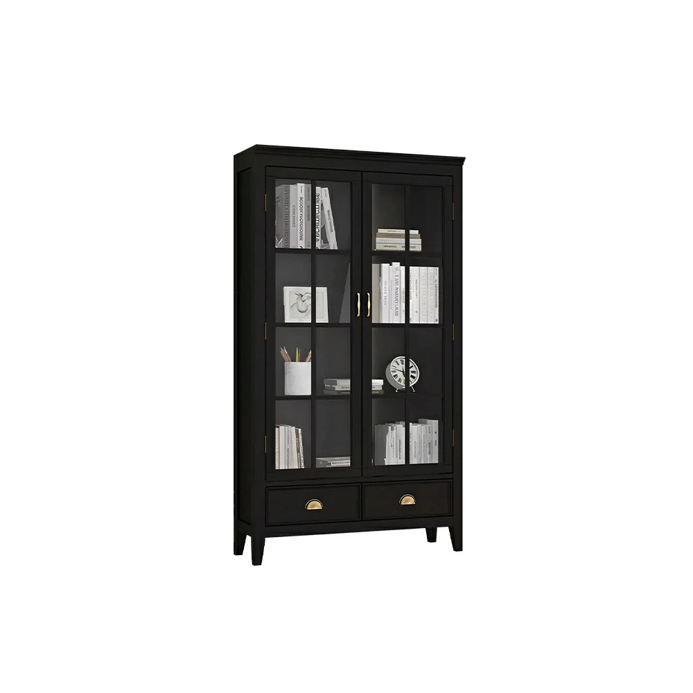LUXORA Solid Wood 2 Door Display Cabinet with Glass Storage American Style Bookcase 100cm - Black