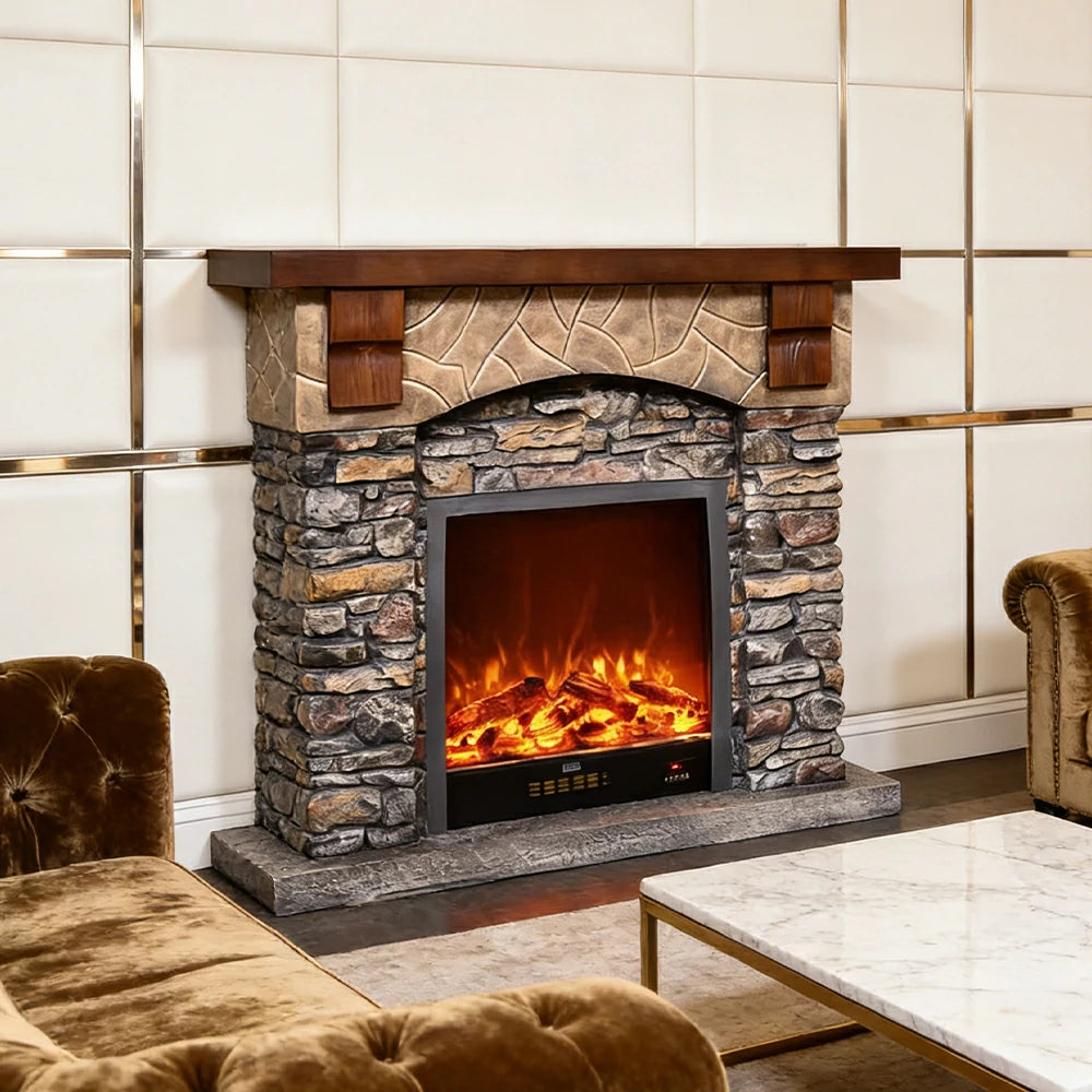 LUXORA 120cm Electric Fireplace TV Stand Stone Look Mantel 750W-1500W Heater Solid Wood Frame HDF Panels Living Room Centrepiece