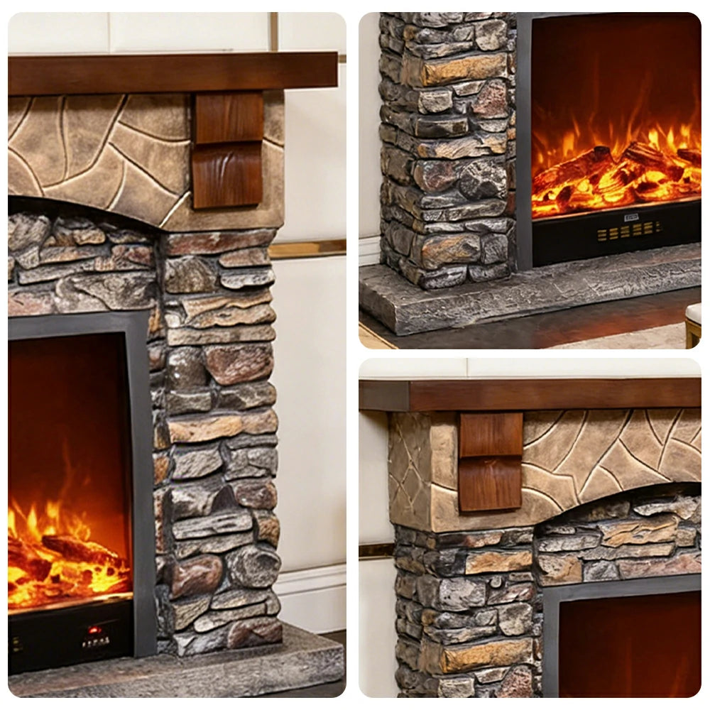 LUXORA 120cm Electric Fireplace TV Stand Stone Look Mantel 750W-1500W Heater Solid Wood Frame HDF Panels Living Room Centrepiece