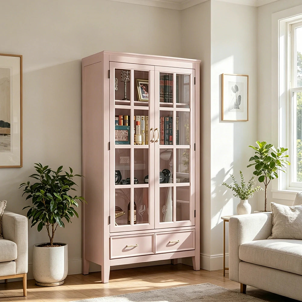 LUXORA Solid Wood 2 Door Display Cabinet with Glass Storage American Style Bookcase 100cm - Pink