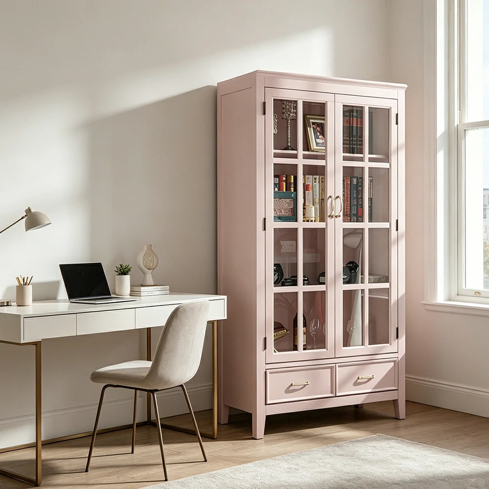 LUXORA Solid Wood 2 Door Display Cabinet with Glass Storage American Style Bookcase 100cm - Pink