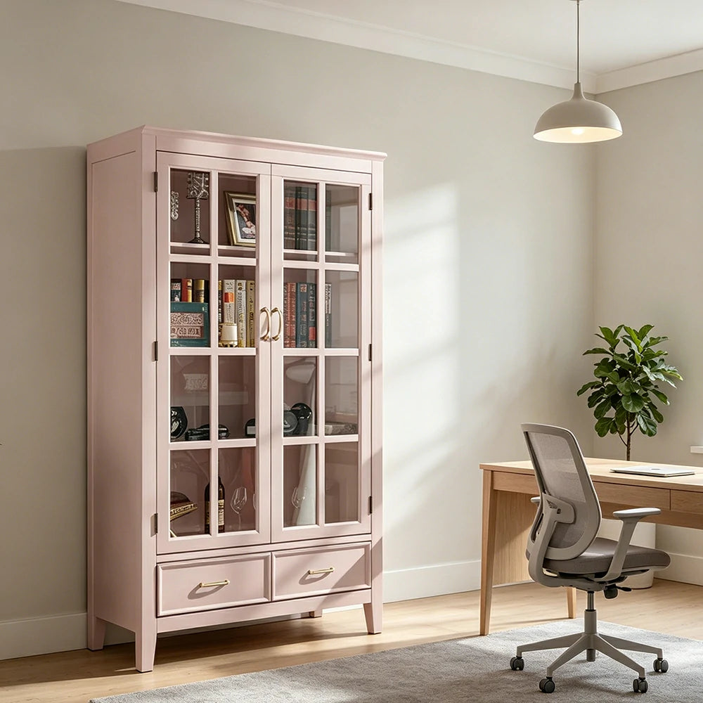 LUXORA Solid Wood 2 Door Display Cabinet with Glass Storage American Style Bookcase 100cm - Pink