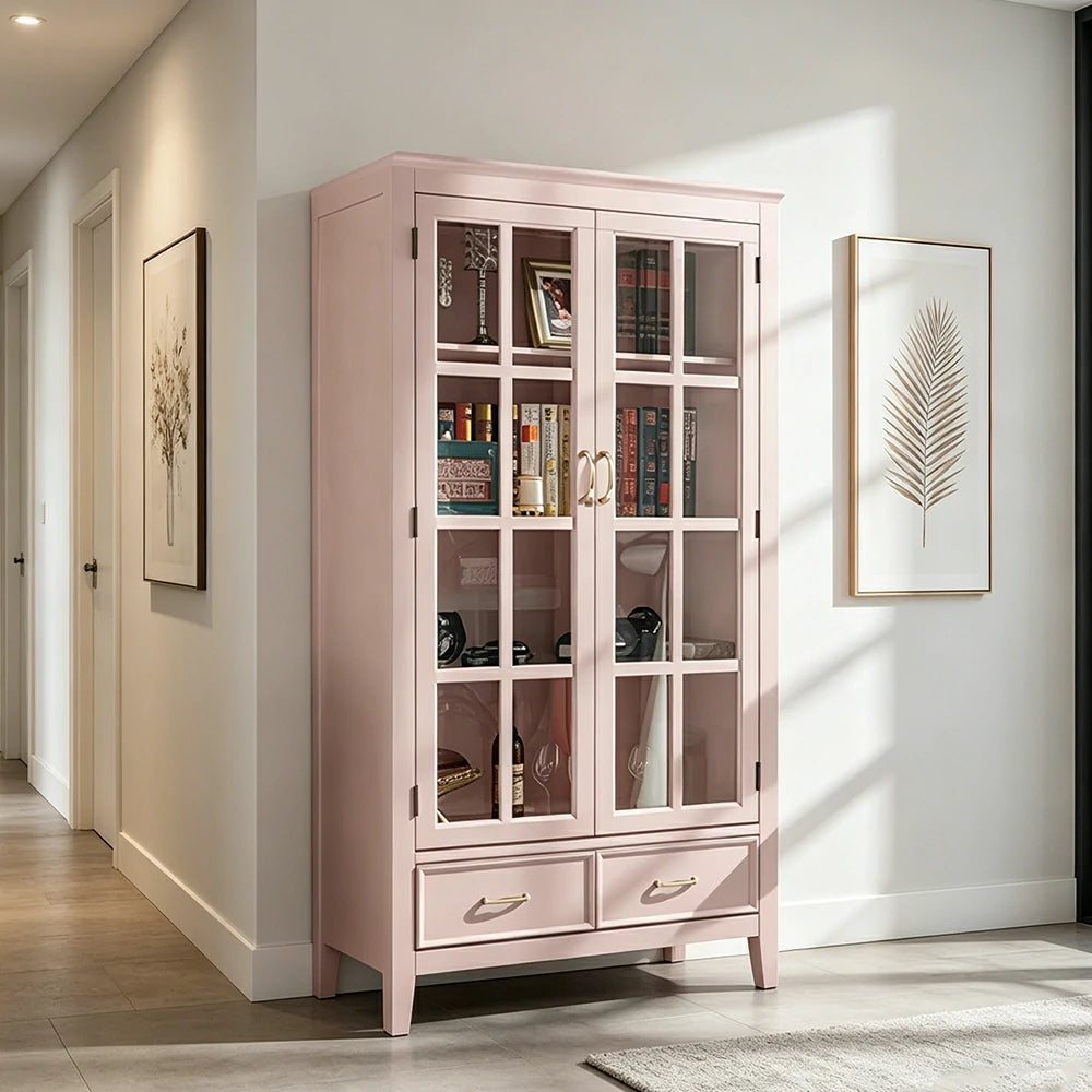 LUXORA Solid Wood 2 Door Display Cabinet with Glass Storage American Style Bookcase 100cm - Pink