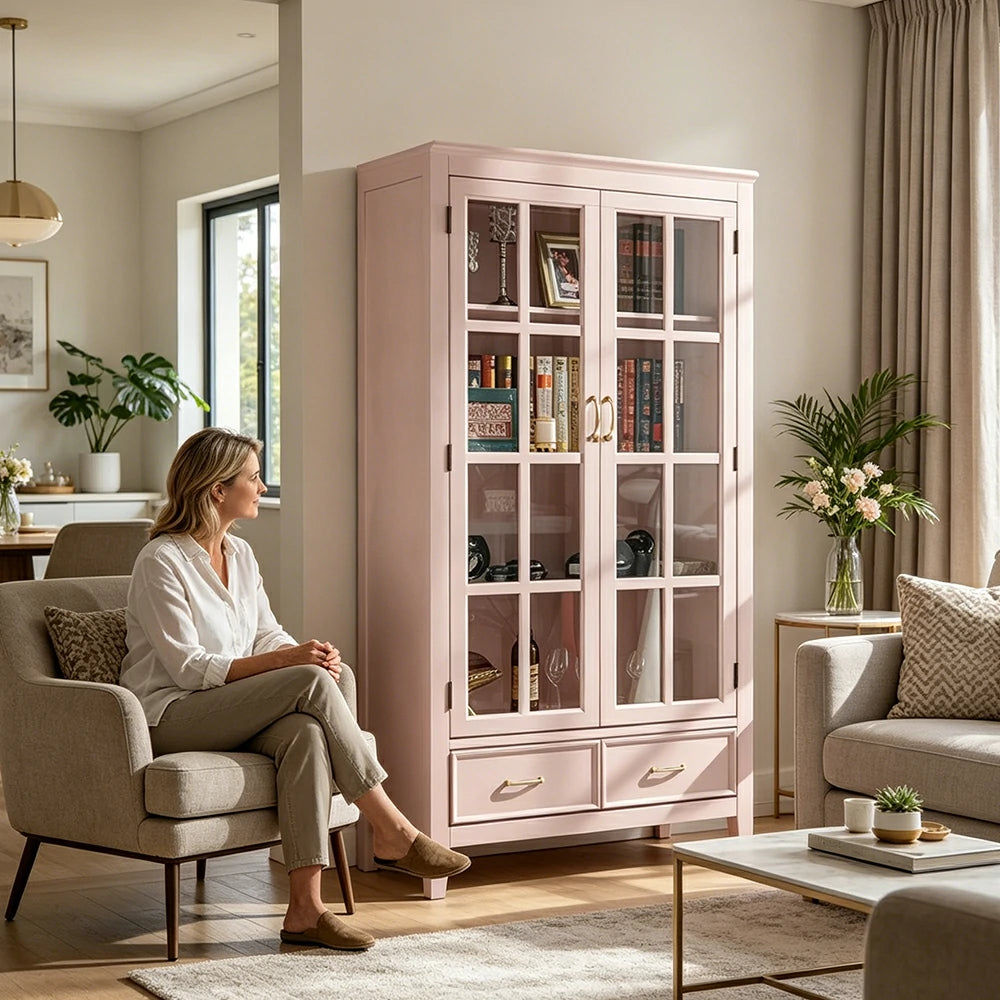 LUXORA Solid Wood 2 Door Display Cabinet with Glass Storage American Style Bookcase 100cm - Pink