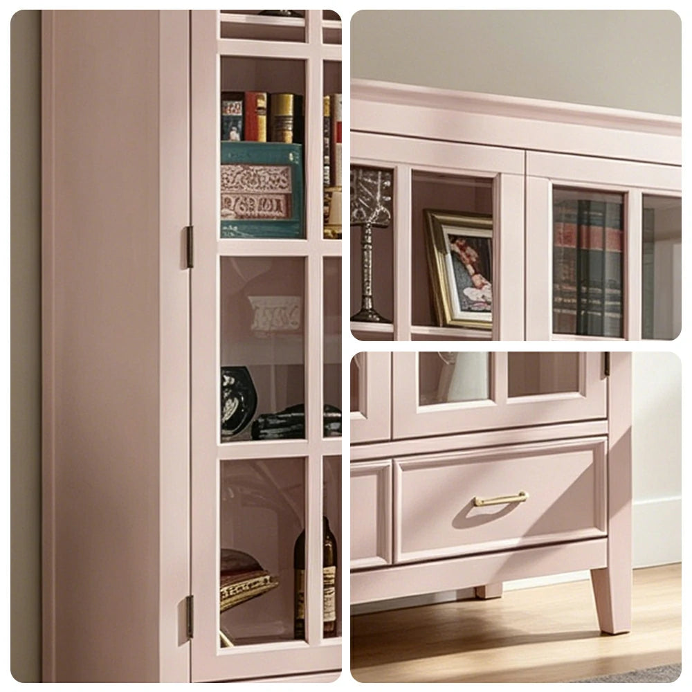 LUXORA Solid Wood 2 Door Display Cabinet with Glass Storage American Style Bookcase 100cm - Pink