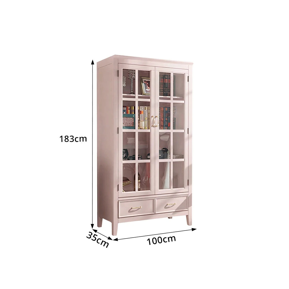 LUXORA Solid Wood 2 Door Display Cabinet with Glass Storage American Style Bookcase 100cm - Pink
