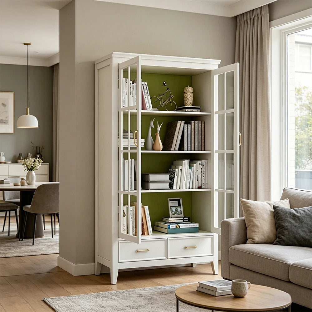 LUXORA Solid Wood 2 Door Display Cabinet with Glass Storage American Style Bookcase 100cm - White