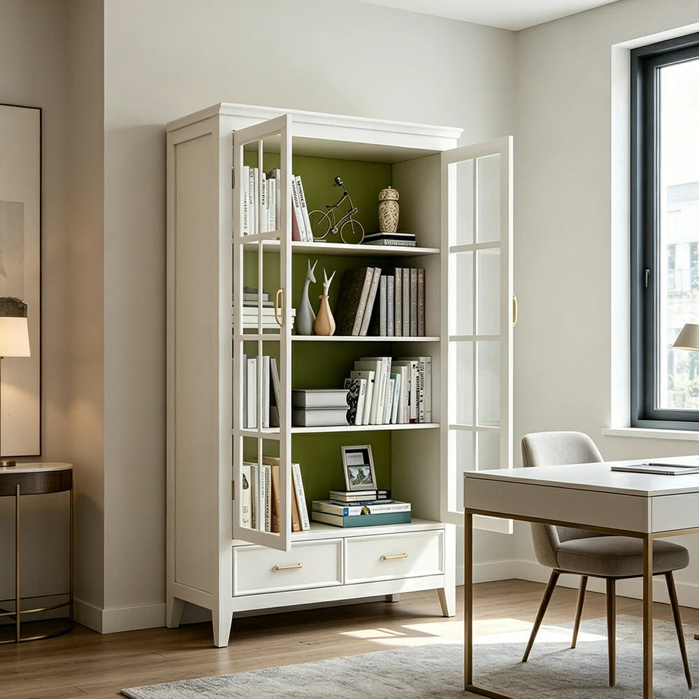 LUXORA Solid Wood 2 Door Display Cabinet with Glass Storage American Style Bookcase 100cm - White