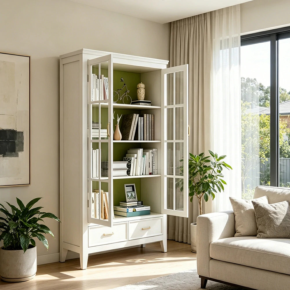 LUXORA Solid Wood 2 Door Display Cabinet with Glass Storage American Style Bookcase 100cm - White