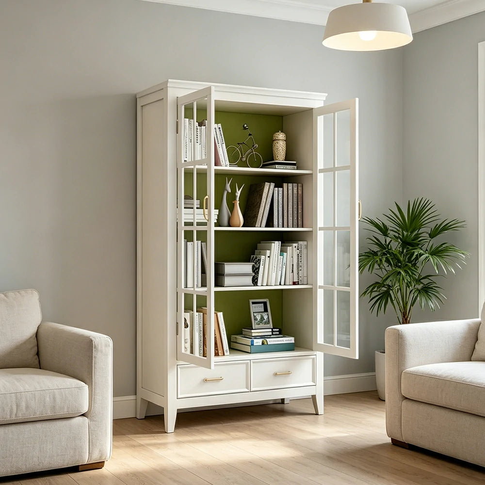 LUXORA Solid Wood 2 Door Display Cabinet with Glass Storage American Style Bookcase 100cm - White
