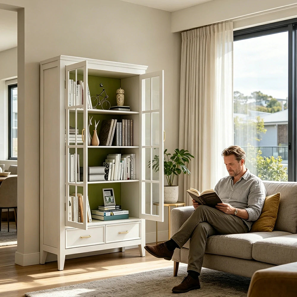 LUXORA Solid Wood 2 Door Display Cabinet with Glass Storage American Style Bookcase 100cm - White