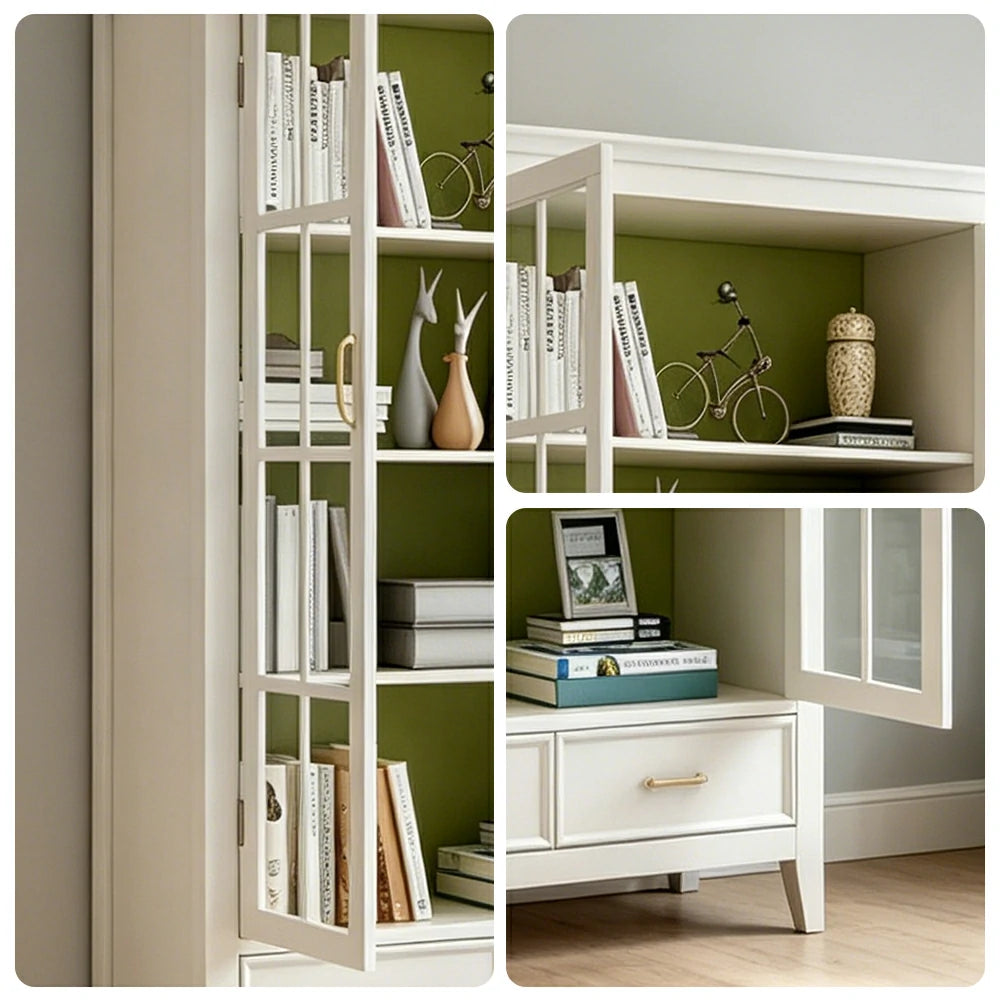LUXORA Solid Wood 2 Door Display Cabinet with Glass Storage American Style Bookcase 100cm - White