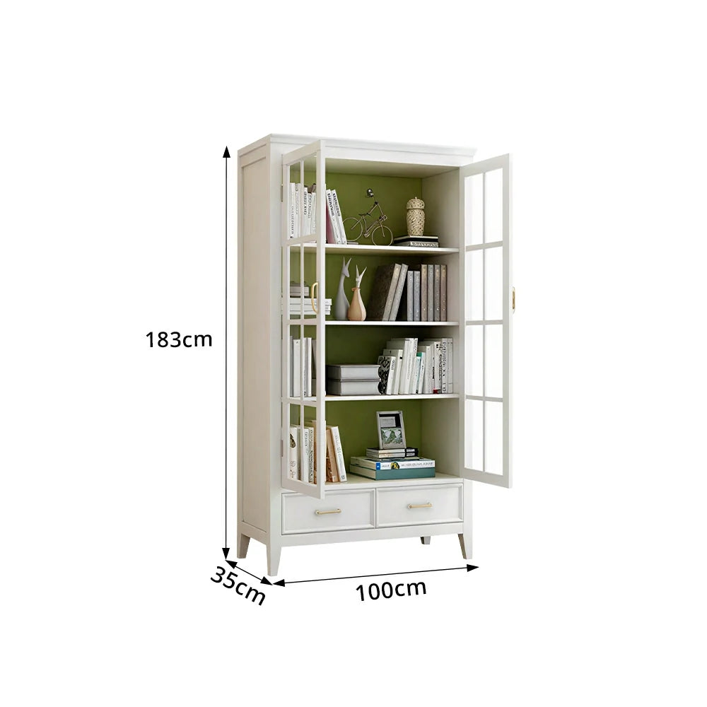 LUXORA Solid Wood 2 Door Display Cabinet with Glass Storage American Style Bookcase 100cm - White