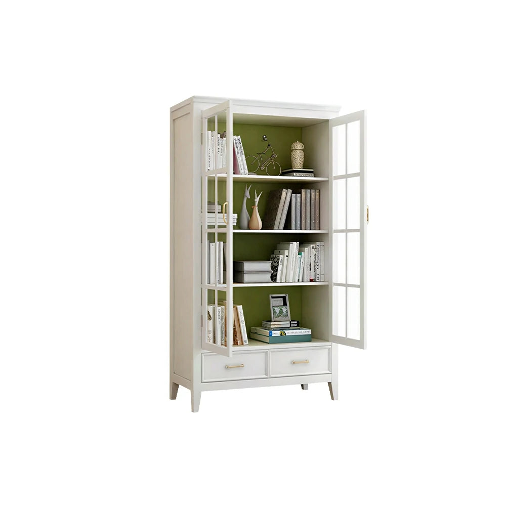 LUXORA Solid Wood 2 Door Display Cabinet with Glass Storage American Style Bookcase 100cm - White