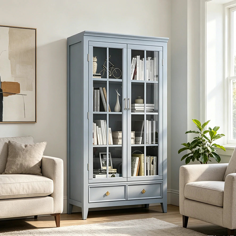 LUXORA Solid Wood 2 Door Display Cabinet with Glass Storage American Style Bookcase 100cm - Blue