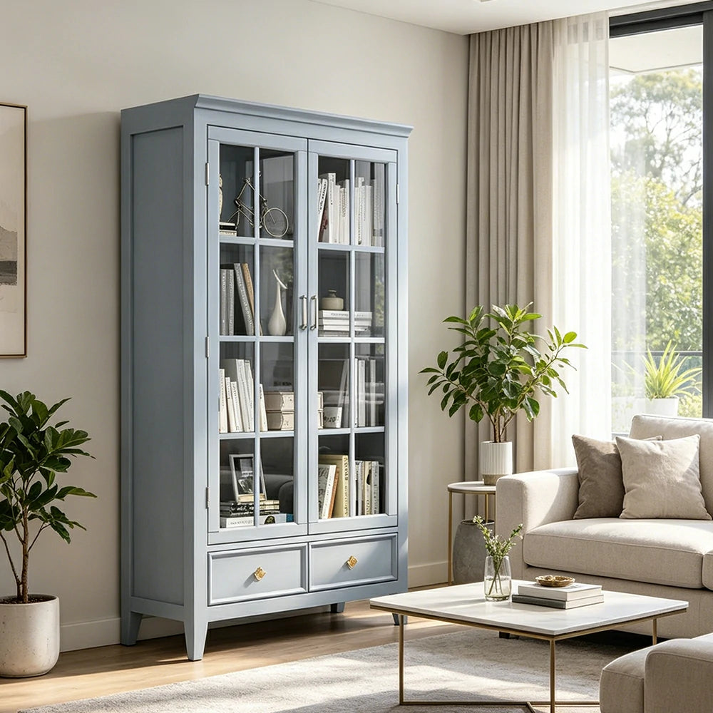 LUXORA Solid Wood 2 Door Display Cabinet with Glass Storage American Style Bookcase 100cm - Blue